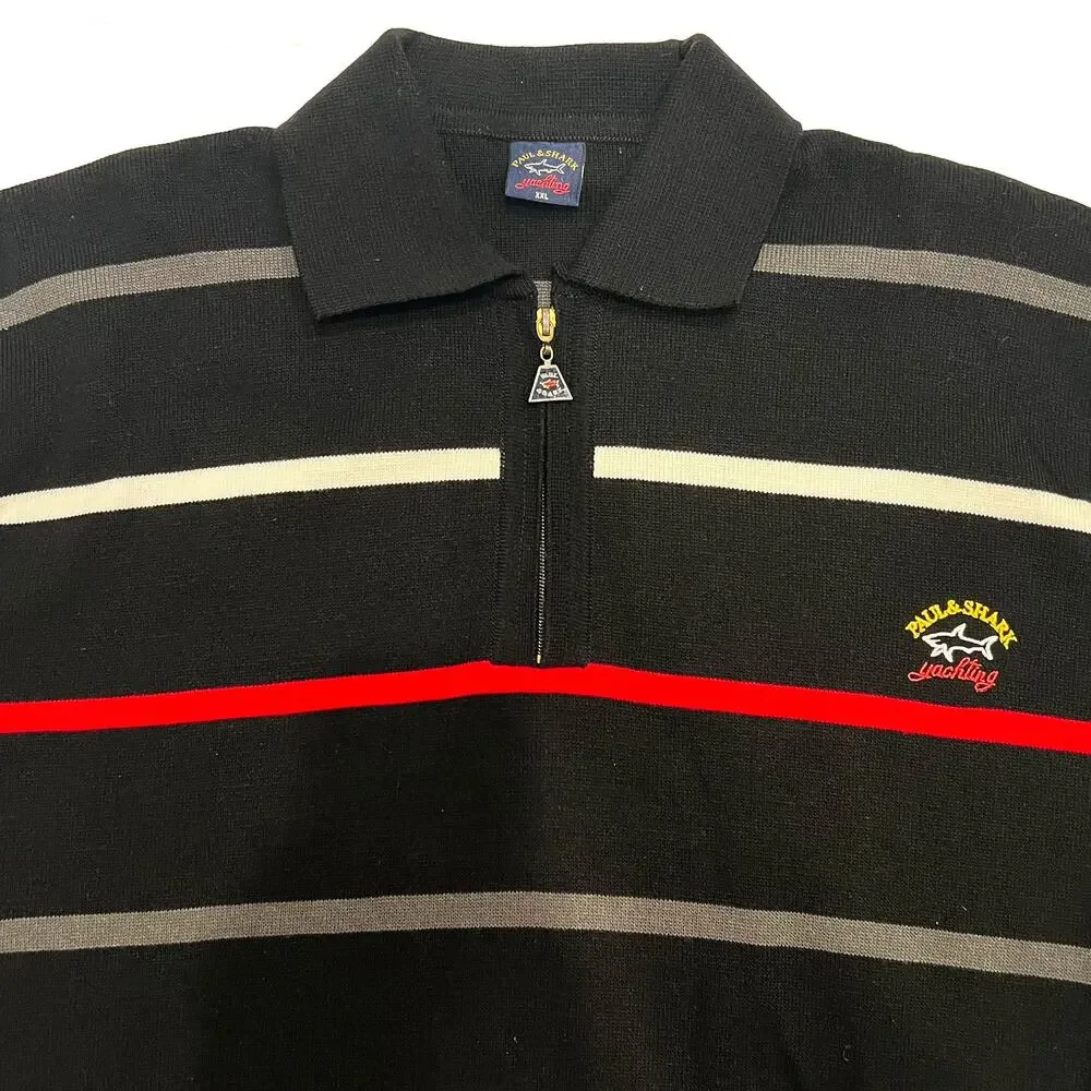 Paul & Shark Yachting Mens XXL Black Striped Quarter Zip Cotton Sweater Italy